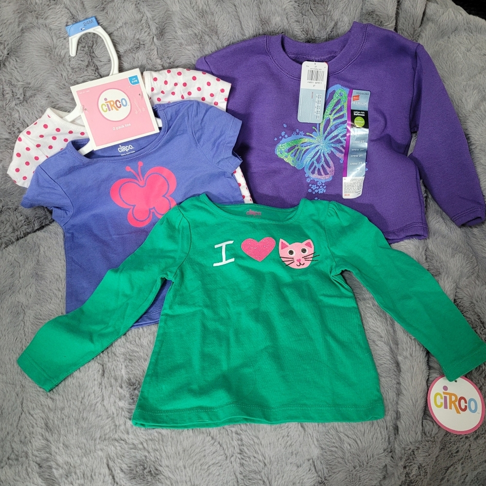 Selection of Circo toddler girls shirts in various sizes.
